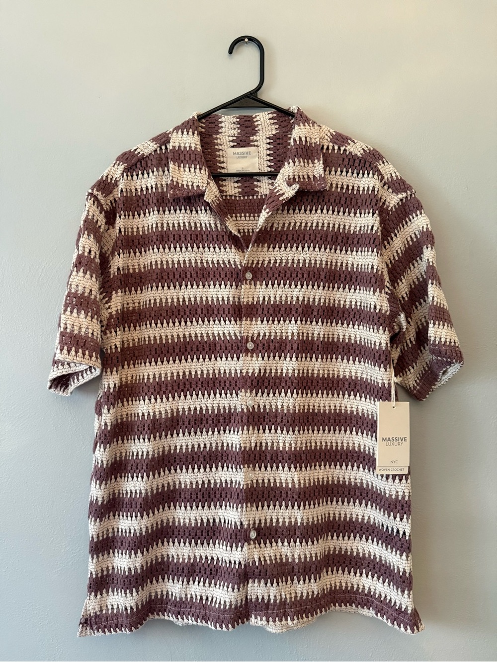 Massive Luxury Men’s Short-Sleeve Crochet Button-Down Shirt — Cream & Brown